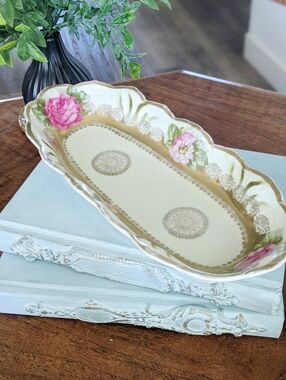 Antique GermanFloral Porcelain Celery Dish/Tray with Pink And Gold Peonies Motif